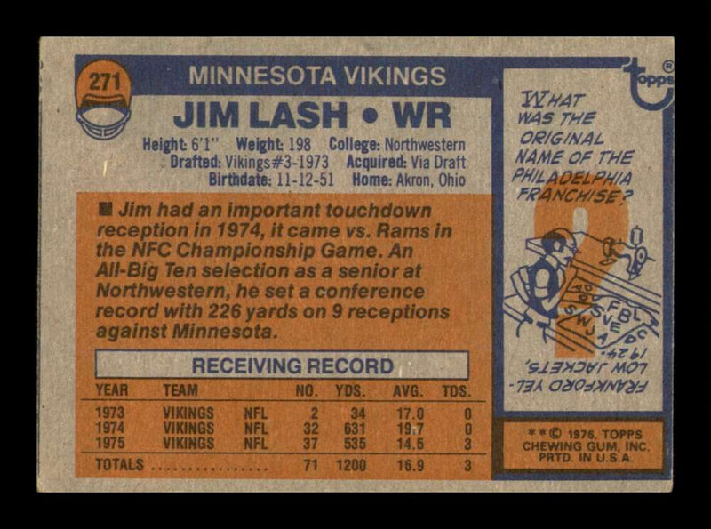 Load image into Gallery viewer, 1976 Topps Jim Lash #271 Rookie RC Minnesota Vikings Image 2
