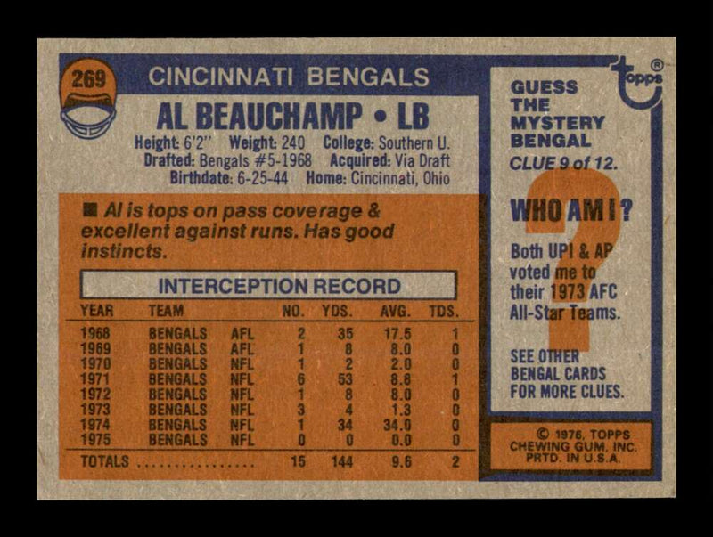 Load image into Gallery viewer, 1976 Topps Al Beauchamp #269 Cincinnati Bengals Image 2
