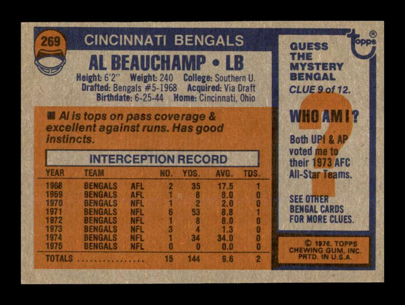 Load image into Gallery viewer, 1976 Topps Al Beauchamp #269 Cincinnati Bengals Image 2
