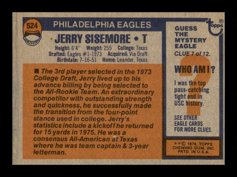 Load image into Gallery viewer, 1976 Topps Jerry Sisemore #524 Philadelphia Eagles Image 2
