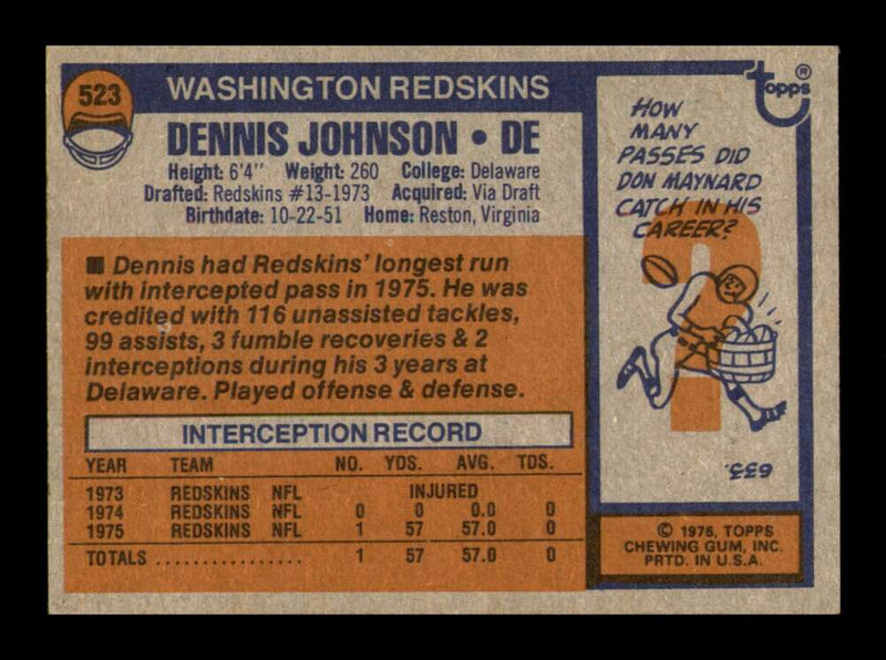 Load image into Gallery viewer, 1976 Topps Dennis Johnson #523 Rookie RC Washington Redskins Image 2
