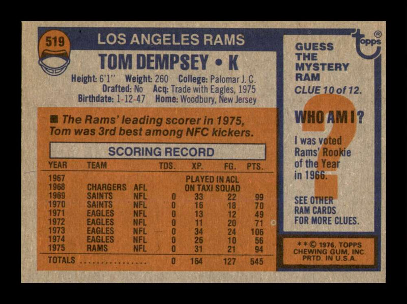 Load image into Gallery viewer, 1976 Topps Tom Dempsey #519 Los Angeles Rams Image 2
