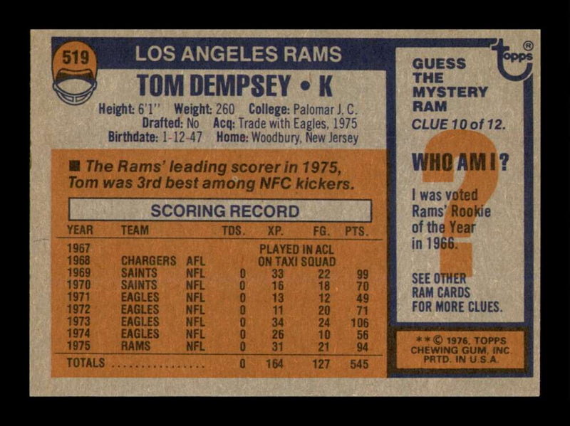 Load image into Gallery viewer, 1976 Topps Tom Dempsey #519 Los Angeles Rams Image 2
