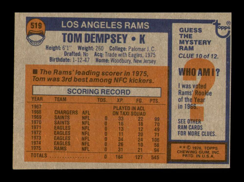 Load image into Gallery viewer, 1976 Topps Tom Dempsey #519 Los Angeles Rams Image 2
