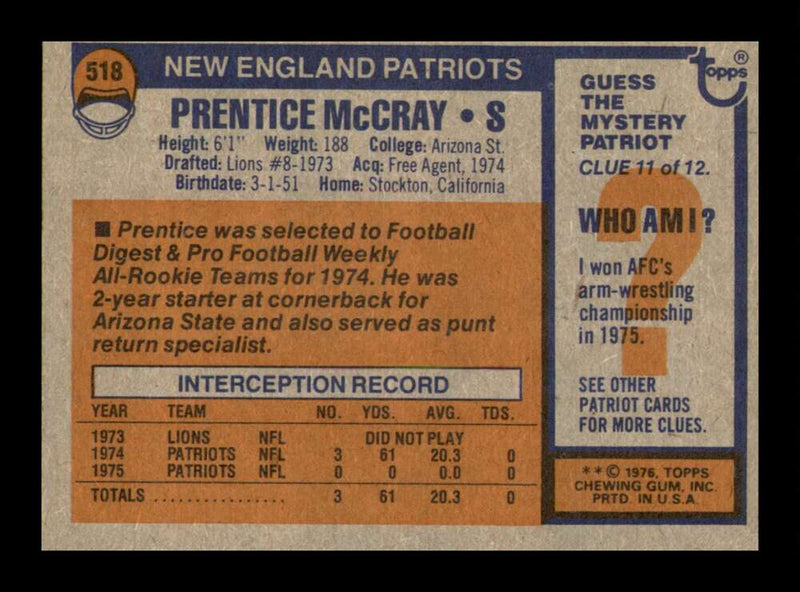 Load image into Gallery viewer, 1976 Topps Prentice McCray #518 Rookie RC New England Patriots Image 2
