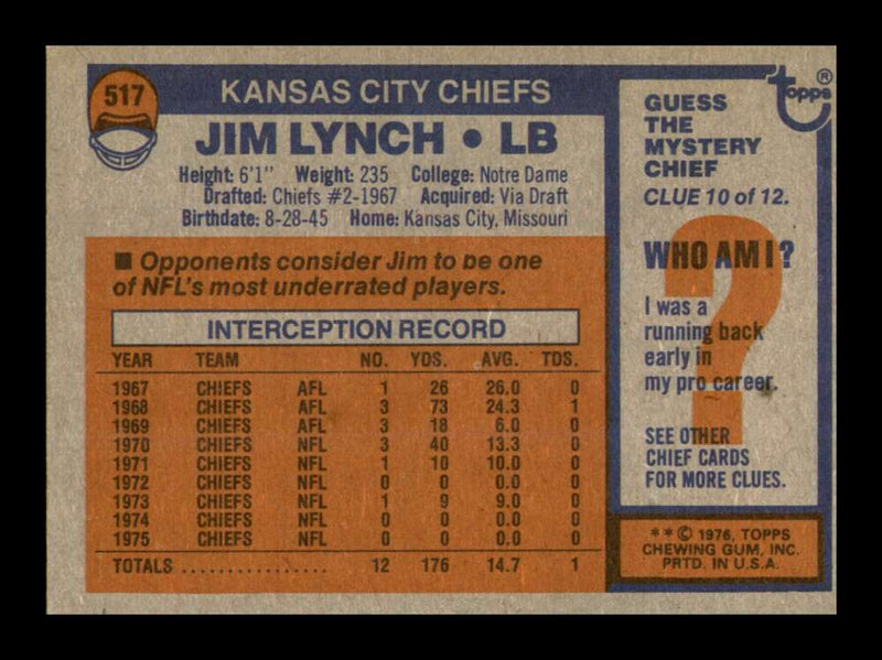 Load image into Gallery viewer, 1976 Topps Jim Lynch #517 Kansas City Chiefs Image 2
