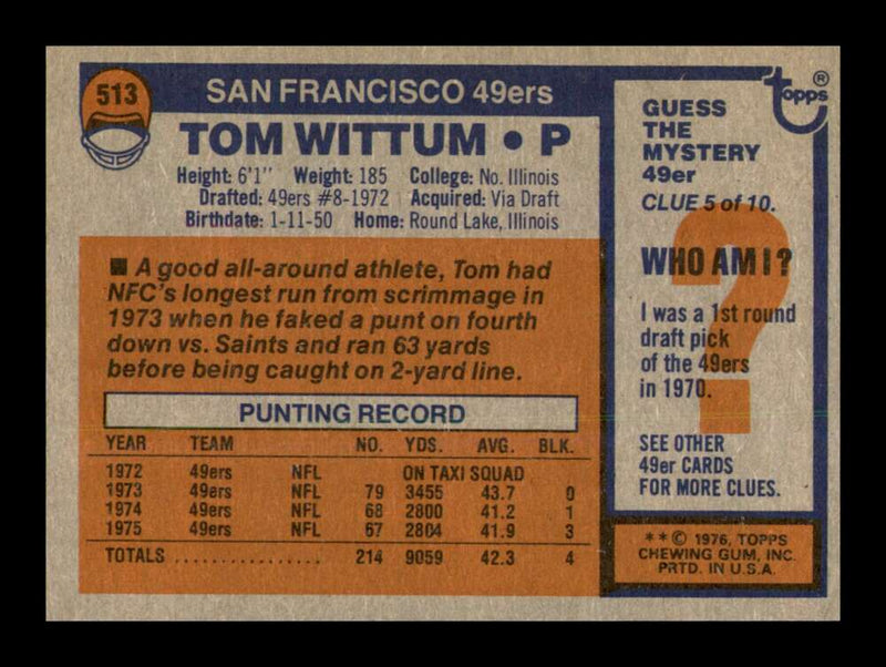 Load image into Gallery viewer, 1976 Topps Tom Wittum #513 San Francisco 49ers Image 2
