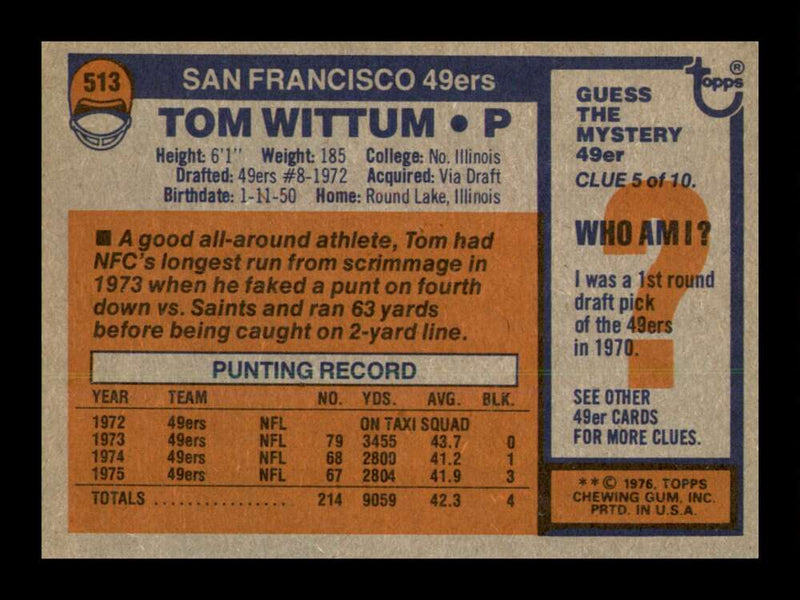 Load image into Gallery viewer, 1976 Topps Tom Wittum #513 San Francisco 49ers Image 2
