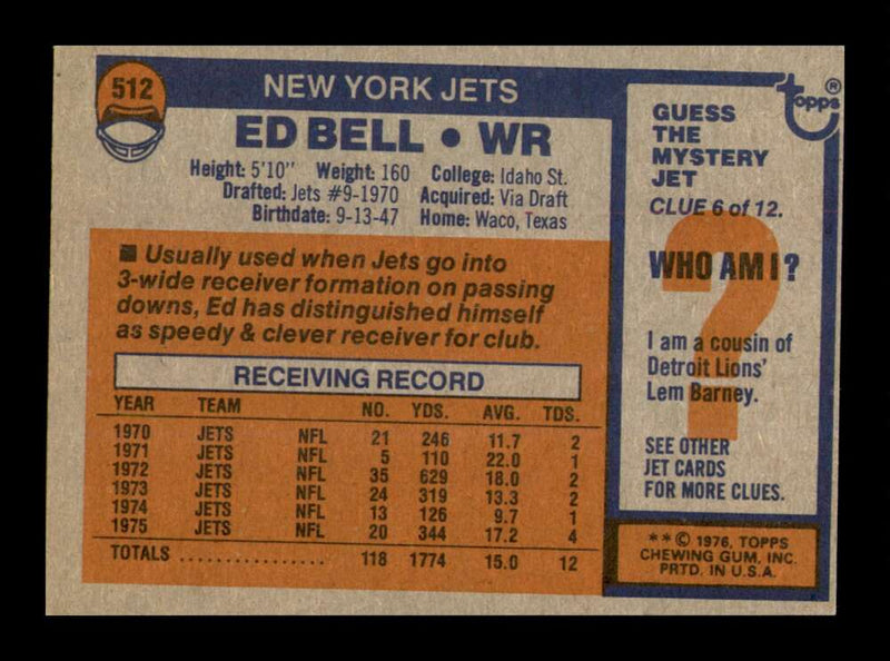 Load image into Gallery viewer, 1976 Topps Ed Bell #512 New York Jets Image 2
