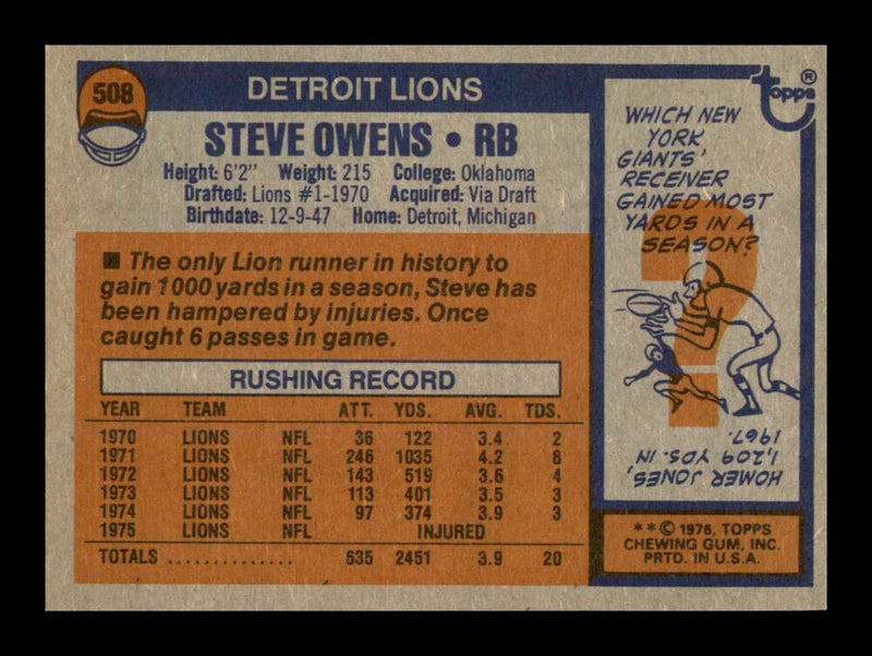 Load image into Gallery viewer, 1976 Topps Steve Owens #508 Detroit Lions Image 2
