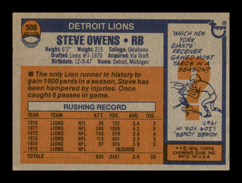 Load image into Gallery viewer, 1976 Topps Steve Owens #508 Detroit Lions Image 2
