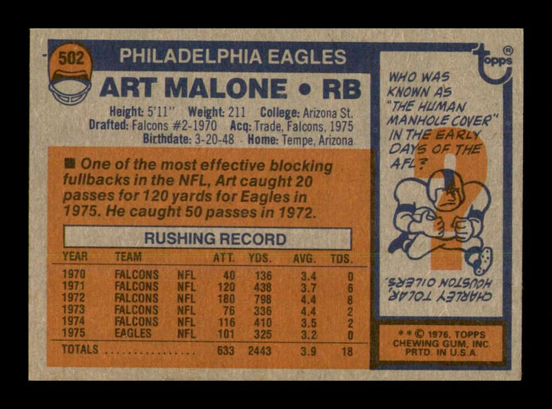 Load image into Gallery viewer, 1976 Topps Art Malone #502 Philadelphia Eagles Image 2
