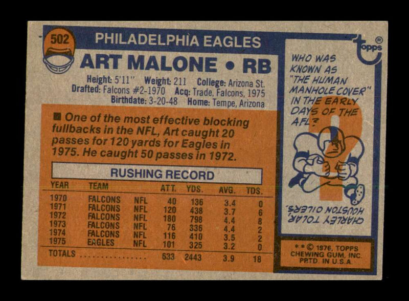 Load image into Gallery viewer, 1976 Topps Art Malone #502 Philadelphia Eagles Image 2
