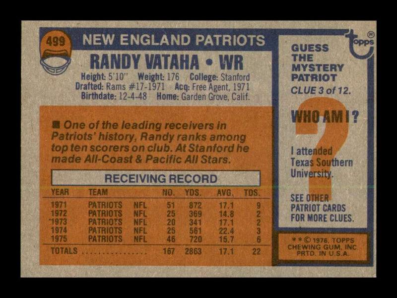 Load image into Gallery viewer, 1976 Topps Randy Vataha #499 New England Patriots Image 2
