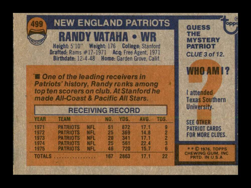 Load image into Gallery viewer, 1976 Topps Randy Vataha #499 New England Patriots Image 2
