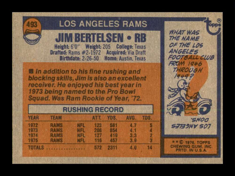 Load image into Gallery viewer, 1976 Topps Jim Bertelsen #493 Los Angeles Rams Image 2
