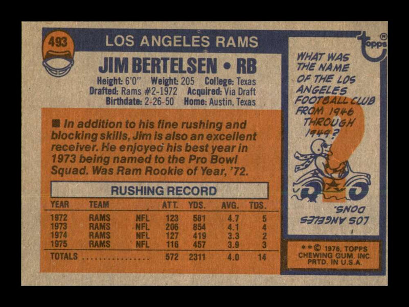 Load image into Gallery viewer, 1976 Topps Jim Bertelsen #493 Los Angeles Rams Image 2
