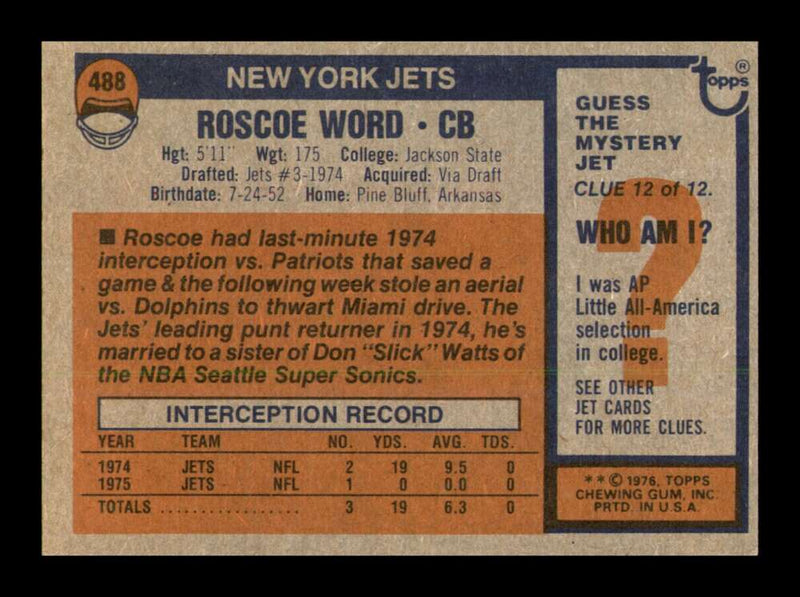 Load image into Gallery viewer, 1976 Topps Roscoe Word #488 Rookie RC New York Jets Image 2
