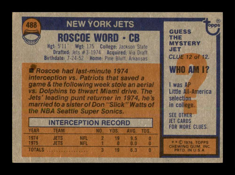 Load image into Gallery viewer, 1976 Topps Roscoe Word #488 Rookie RC New York Jets Image 2
