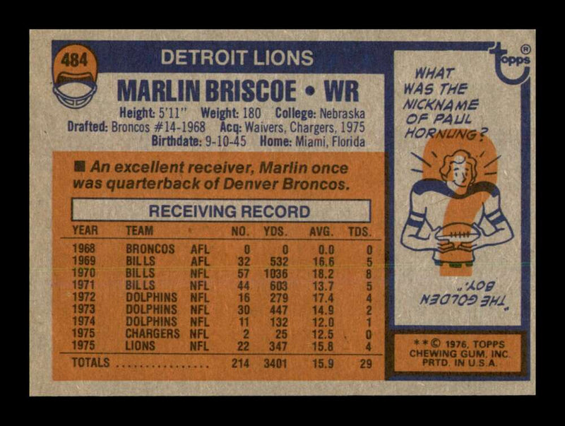 Load image into Gallery viewer, 1976 Topps Marlin Briscoe #484 Detroit Lions Image 2
