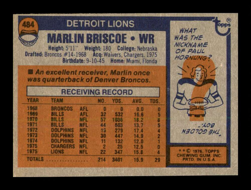 Load image into Gallery viewer, 1976 Topps Marlin Briscoe #484 Detroit Lions Image 2
