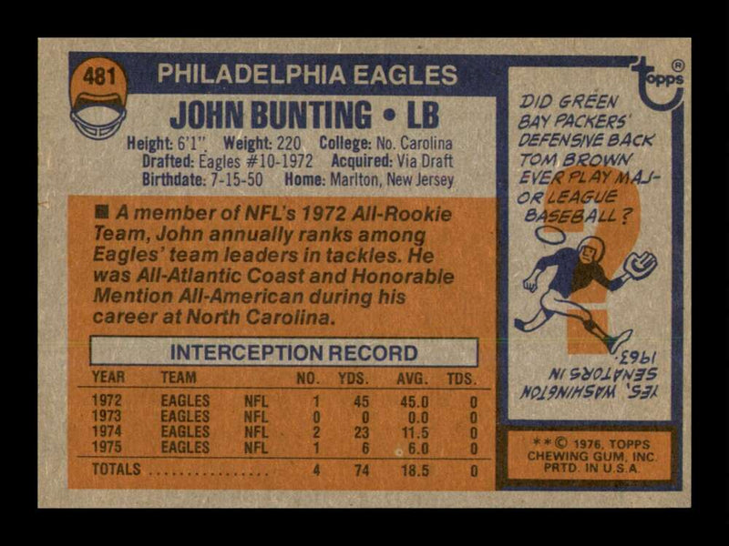 Load image into Gallery viewer, 1976 Topps John Bunting #481 Rookie RC Philadelphia Eagles Image 2
