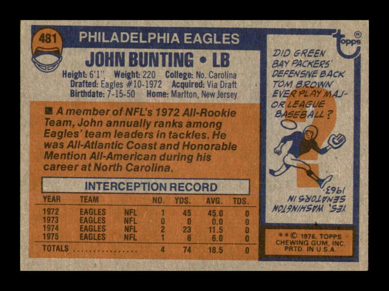 Load image into Gallery viewer, 1976 Topps John Bunting #481 Rookie RC Philadelphia Eagles Image 2
