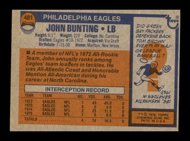 Load image into Gallery viewer, 1976 Topps John Bunting #481 Rookie RC Philadelphia Eagles Image 2
