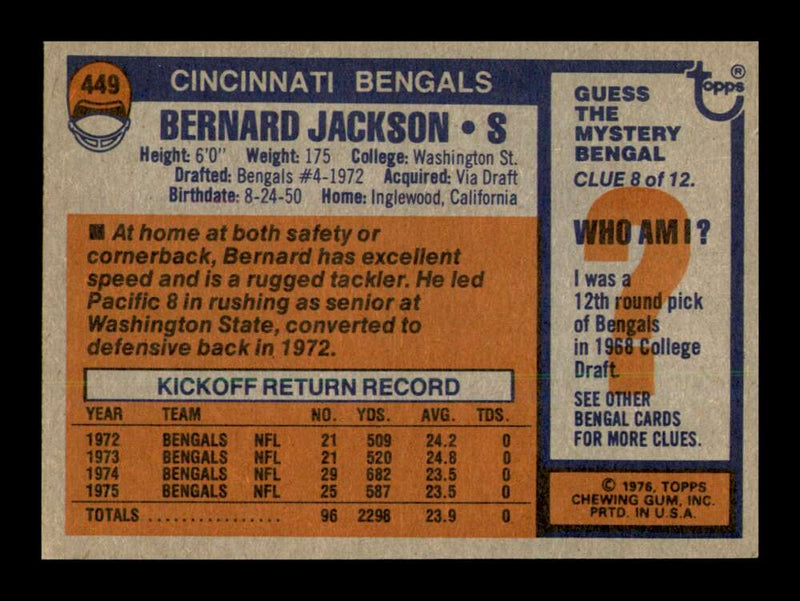 Load image into Gallery viewer, 1976 Topps Bernard Jackson #449 Rookie RC Cincinnati Bengals Image 2
