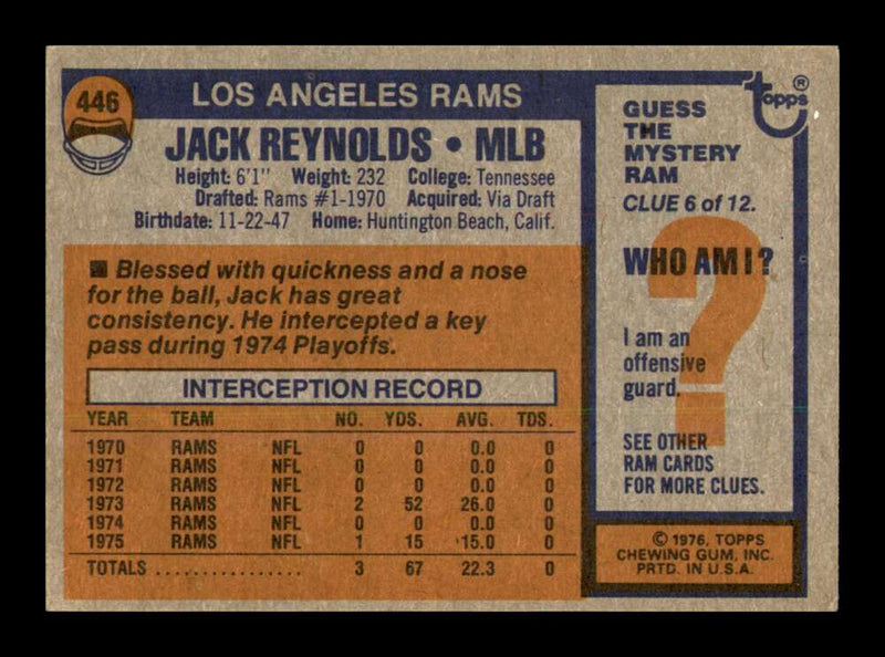 Load image into Gallery viewer, 1976 Topps Jack Reynolds #446 Los Angeles Rams Image 2
