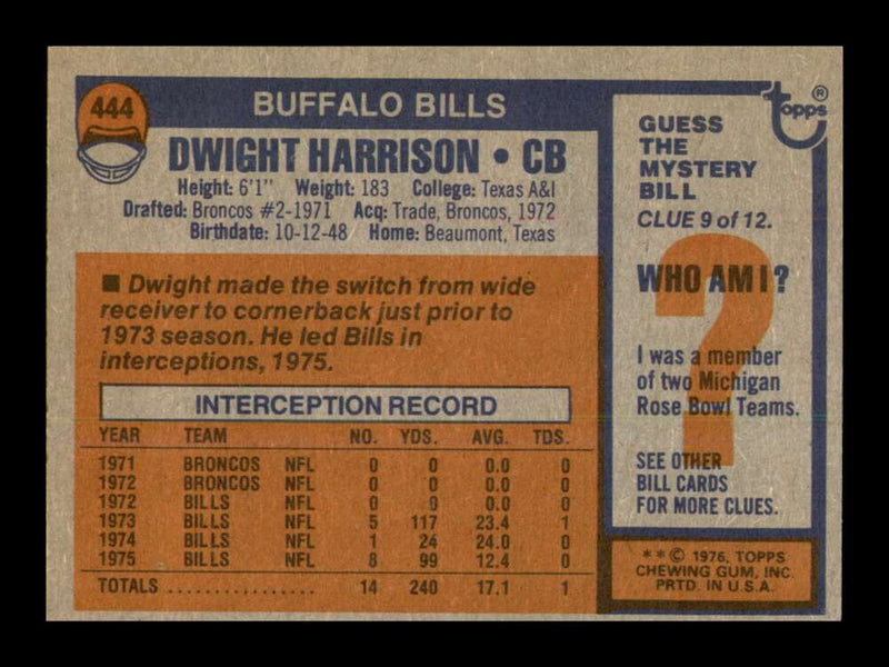 Load image into Gallery viewer, 1976 Topps Dwight Harrison #444 Buffalo Bills Image 2
