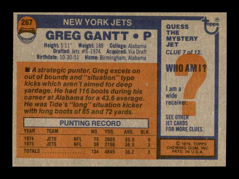 Load image into Gallery viewer, 1976 Topps Greg Gantt #267 Rookie RC New York Jets Image 2
