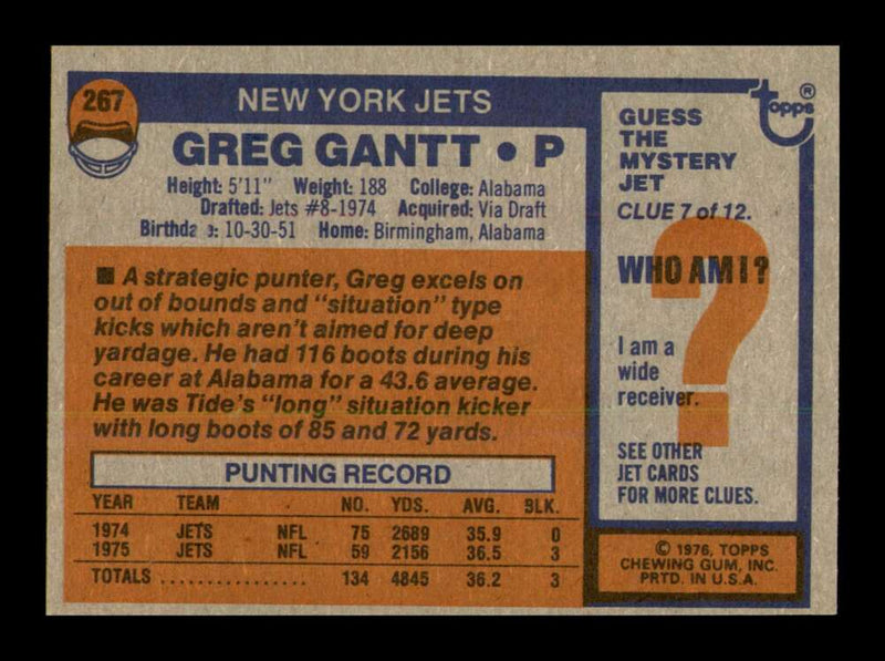 Load image into Gallery viewer, 1976 Topps Greg Gantt #267 Rookie RC New York Jets Image 2
