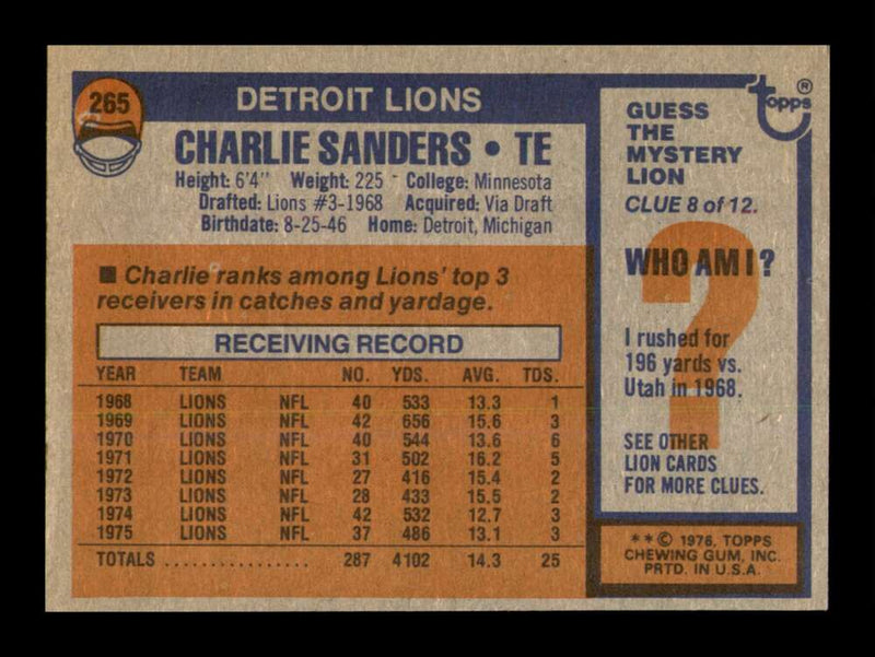 Load image into Gallery viewer, 1976 Topps Charlie Sanders #265 Detroit Lions Image 2
