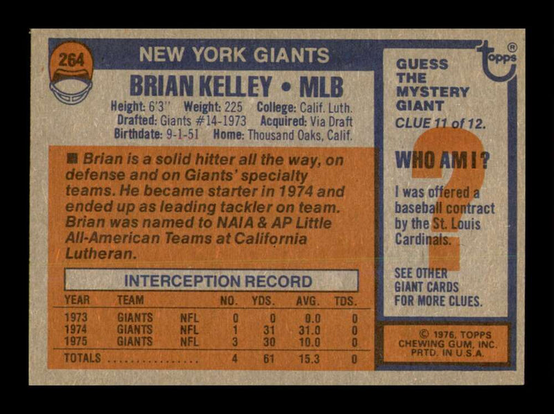 Load image into Gallery viewer, 1976 Topps Brian Kelley #264 Rookie RC New York Giants Image 2
