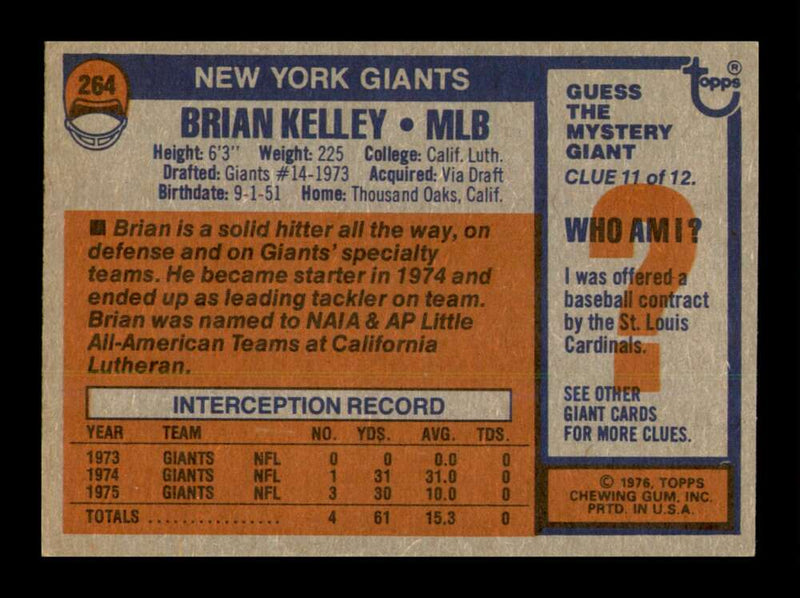 Load image into Gallery viewer, 1976 Topps Brian Kelley #264 Rookie RC New York Giants Image 2
