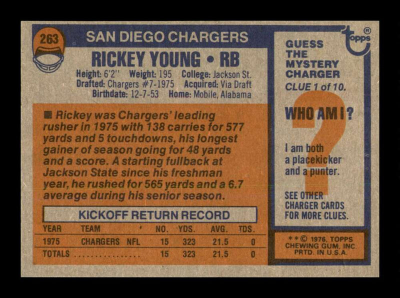 Load image into Gallery viewer, 1976 Topps Rickey Young #263 Rookie RC San Diego Chargers Image 2
