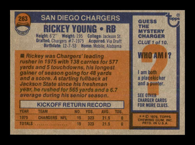 Load image into Gallery viewer, 1976 Topps Rickey Young #263 Rookie RC San Diego Chargers Image 2
