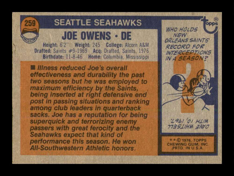 Load image into Gallery viewer, 1976 Topps Joe Owens #259 Seattle Seahawks Image 2
