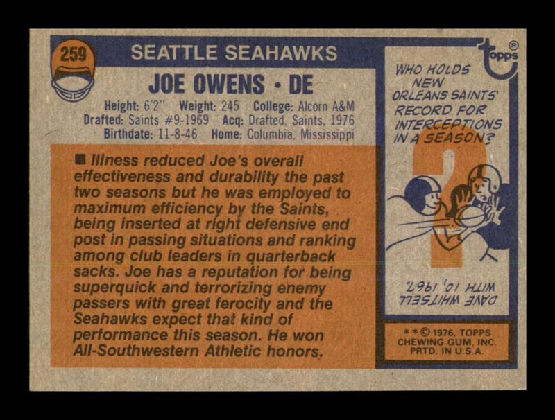 Load image into Gallery viewer, 1976 Topps Joe Owens #259 Seattle Seahawks Image 2
