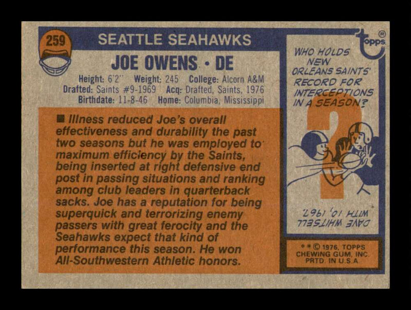 Load image into Gallery viewer, 1976 Topps Joe Owens #259 Seattle Seahawks Image 2
