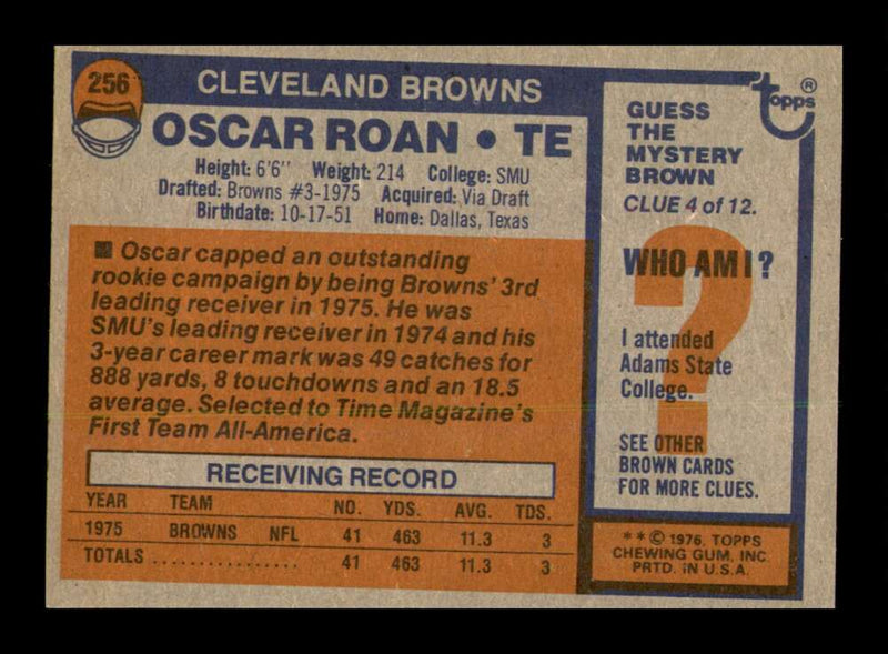 Load image into Gallery viewer, 1976 Topps Oscar Roan #256 Rookie RC Cleveland Browns Image 2
