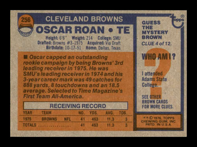 Load image into Gallery viewer, 1976 Topps Oscar Roan #256 Rookie RC Cleveland Browns Image 2
