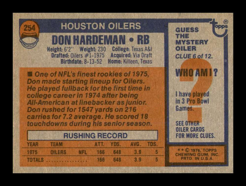 Load image into Gallery viewer, 1976 Topps Don Hardeman #254 Rookie RC Houston Oilers Image 2
