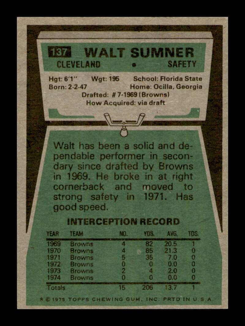 Load image into Gallery viewer, 1975 Topps Walt Sumner #137 Cleveland Browns Image 2
