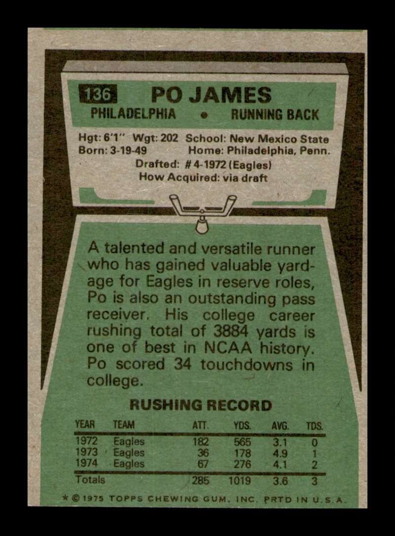 Load image into Gallery viewer, 1975 Topps Po James #136 Philadelphia Eagles Image 2
