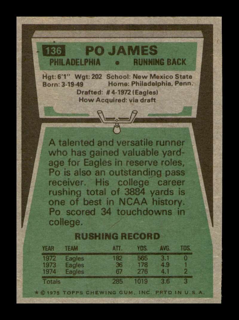 Load image into Gallery viewer, 1975 Topps Po James #136 Philadelphia Eagles Image 2
