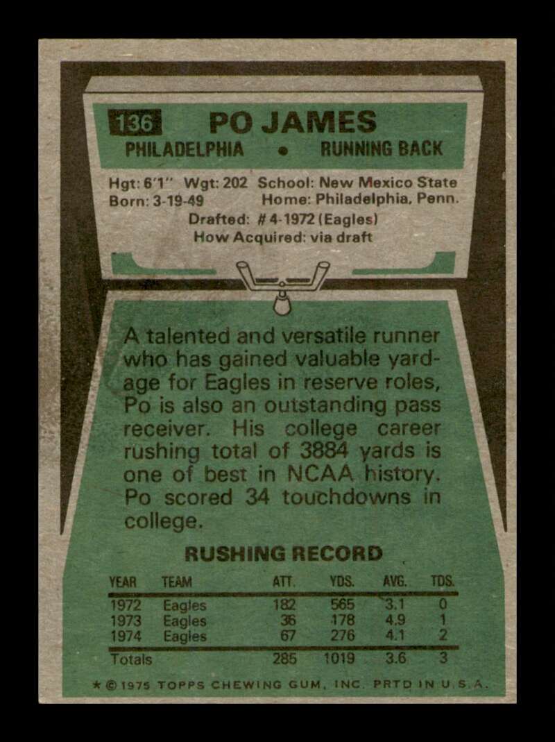 Load image into Gallery viewer, 1975 Topps Po James #136 Philadelphia Eagles Image 2
