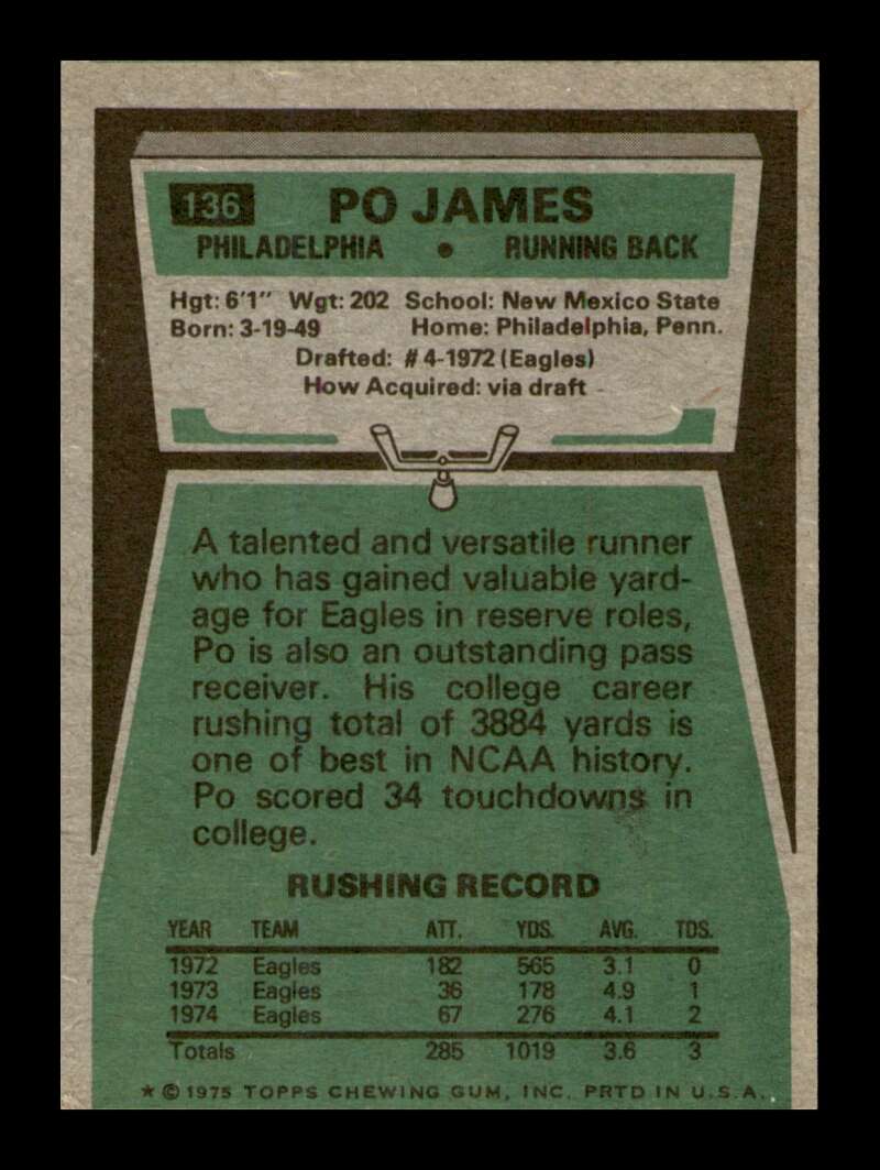 Load image into Gallery viewer, 1975 Topps Po James #136 Philadelphia Eagles Image 2
