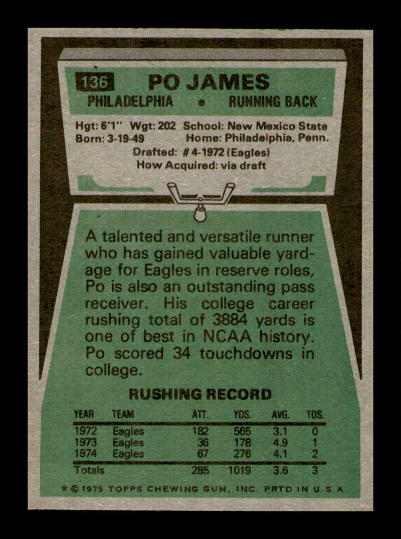 Load image into Gallery viewer, 1975 Topps Po James #136 Philadelphia Eagles Image 2
